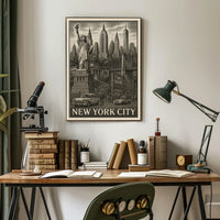 New York City Landmarks Engraved Poster Vintage Wall Art