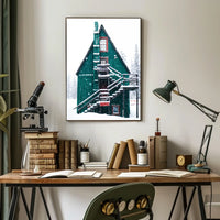 Charming Winter Cabin in Snowy Forest Scene