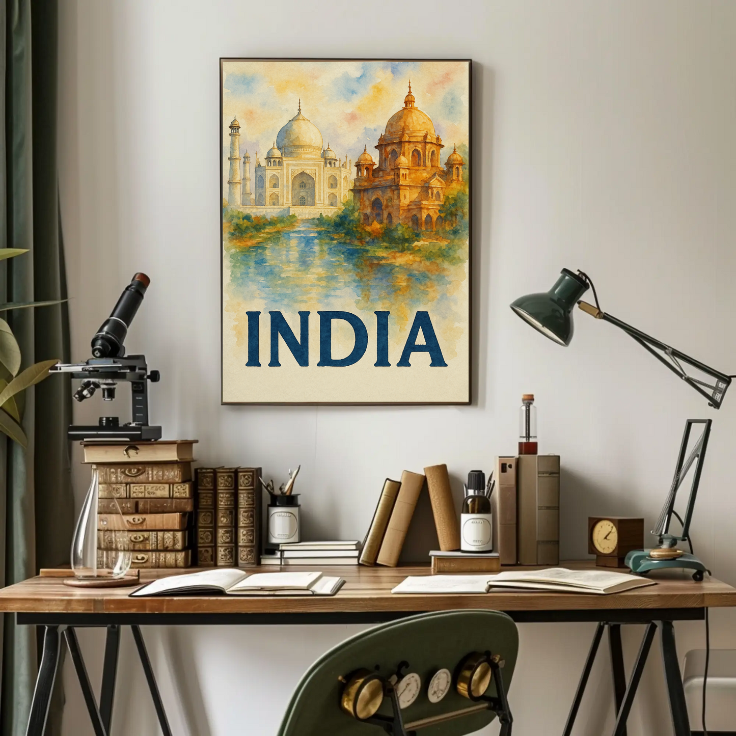 India Taj Mahal Watercolor Palace Reflection Travel Poster
