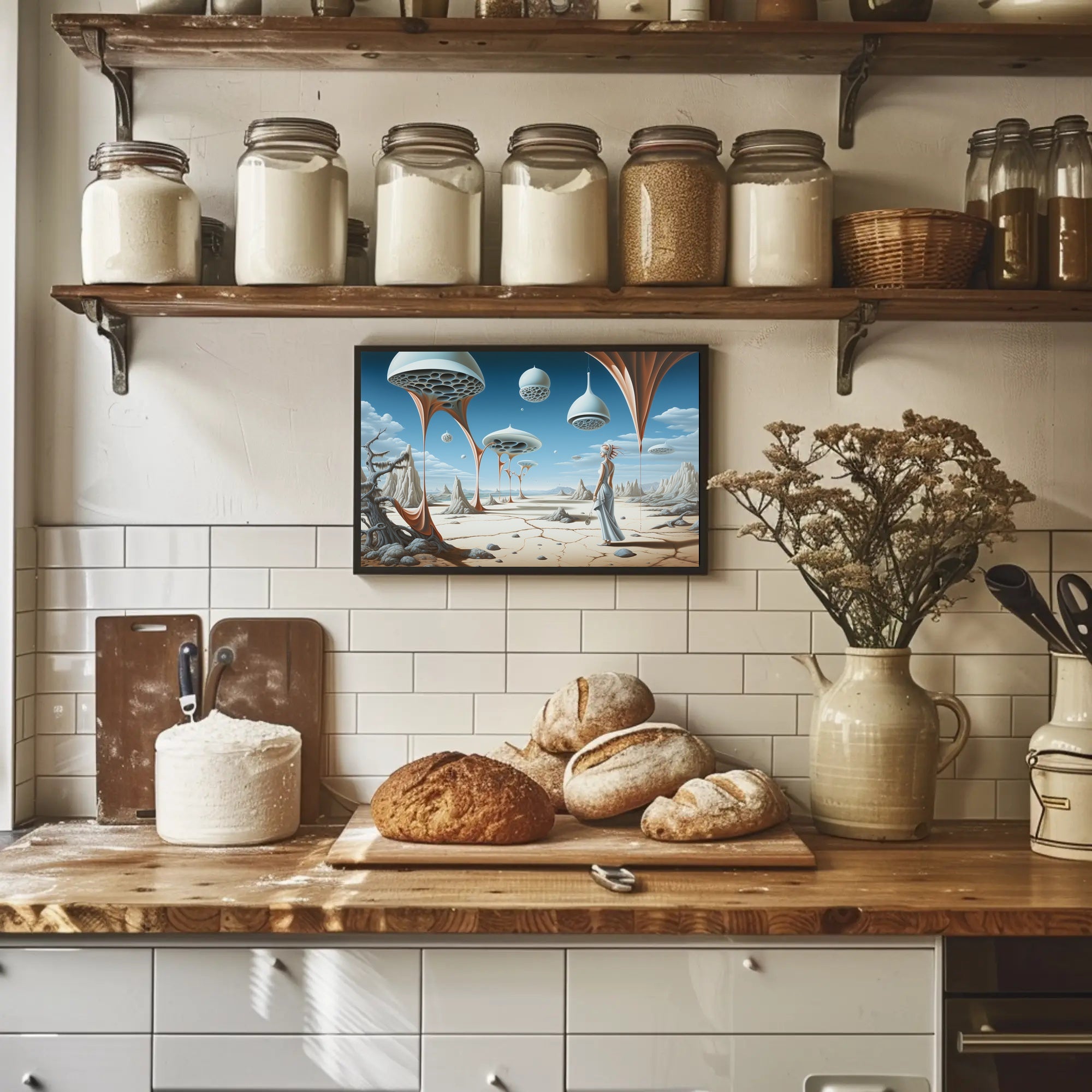 Surreal Desert Traveler with Futuristic Sci-Fi Poster