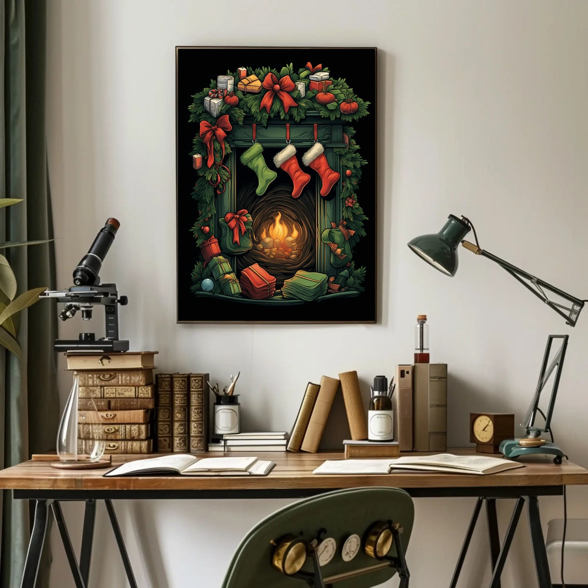 Festive Fireplace Holiday Scene Poster