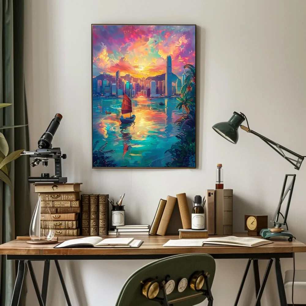 Hong Kong Harbor Sunset Impressionistic Art Poster