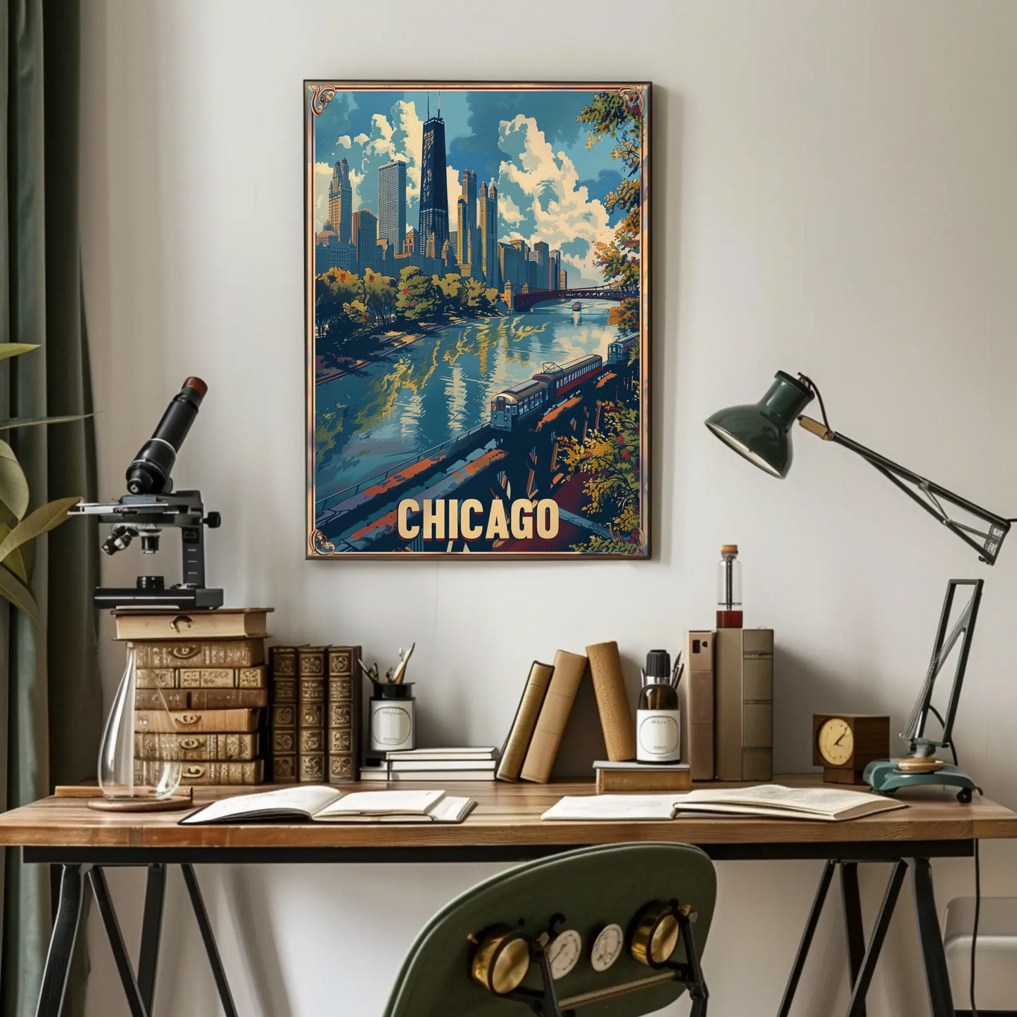 Chicago Train City Buildings Waterfront Skyline Travel Poster