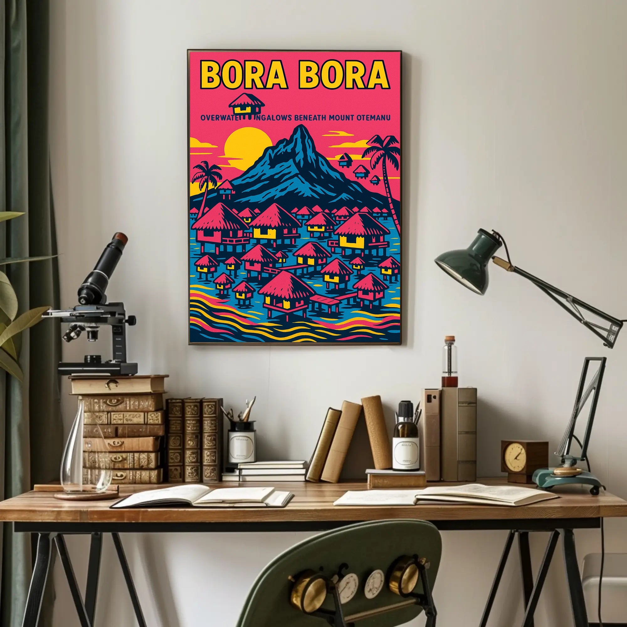 Bora Bora Vintage Travel Poster with Iconic Overwater Bungalows PosterGoat