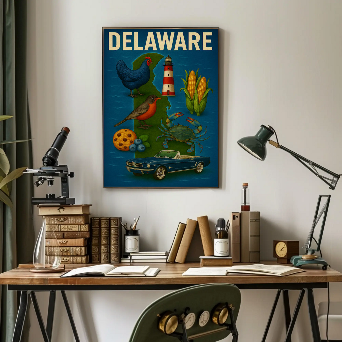 Delaware State Symbols Chicken Mustang Crab Travel Poster