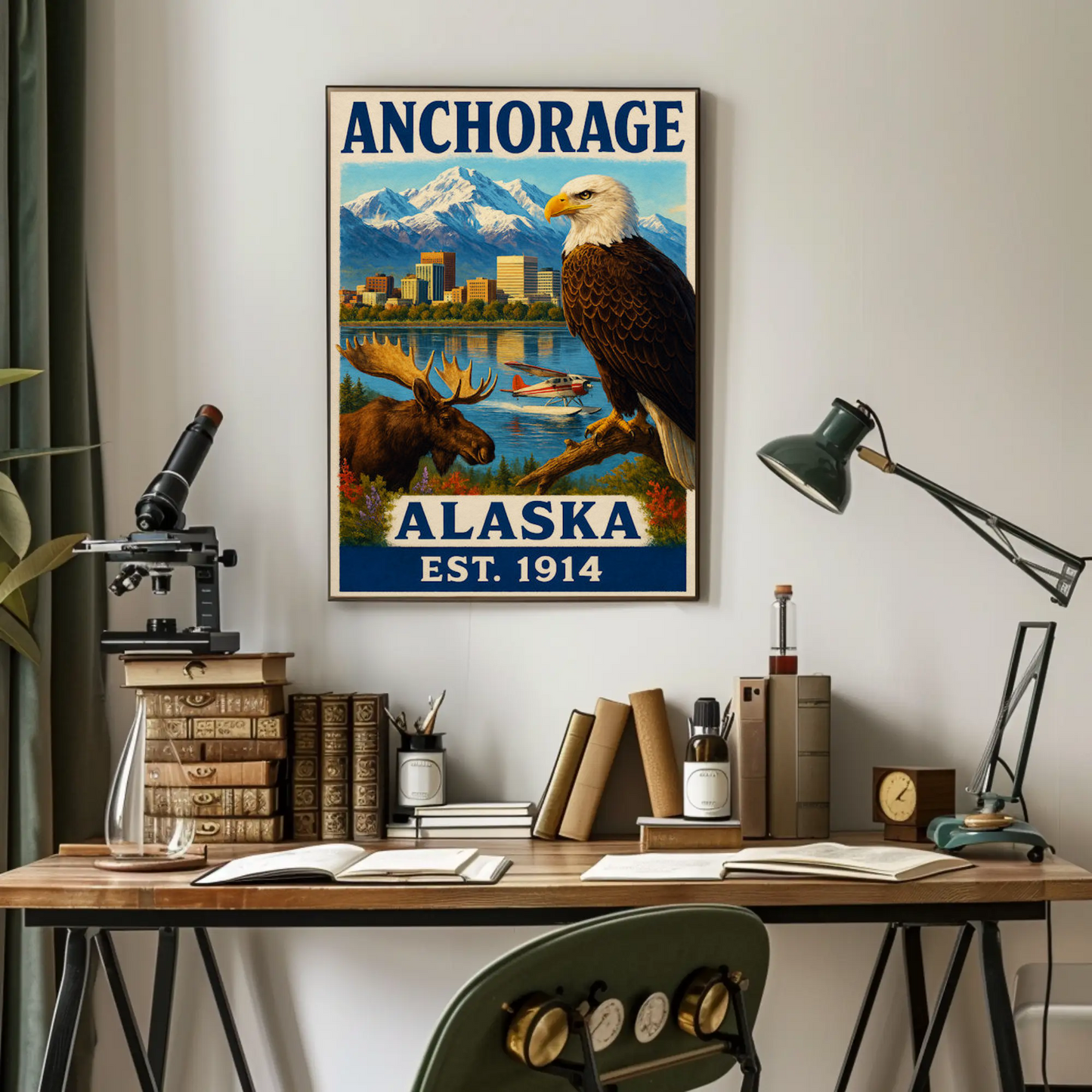 Anchorage Alaska Wildlife Skyline Nature Vintage Travel Poster