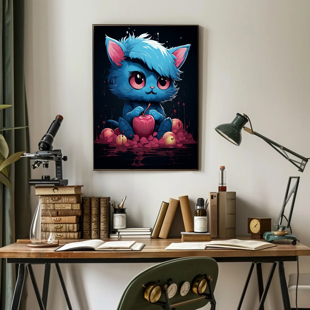 Enigmatic Blue Cat With Apple Poster
