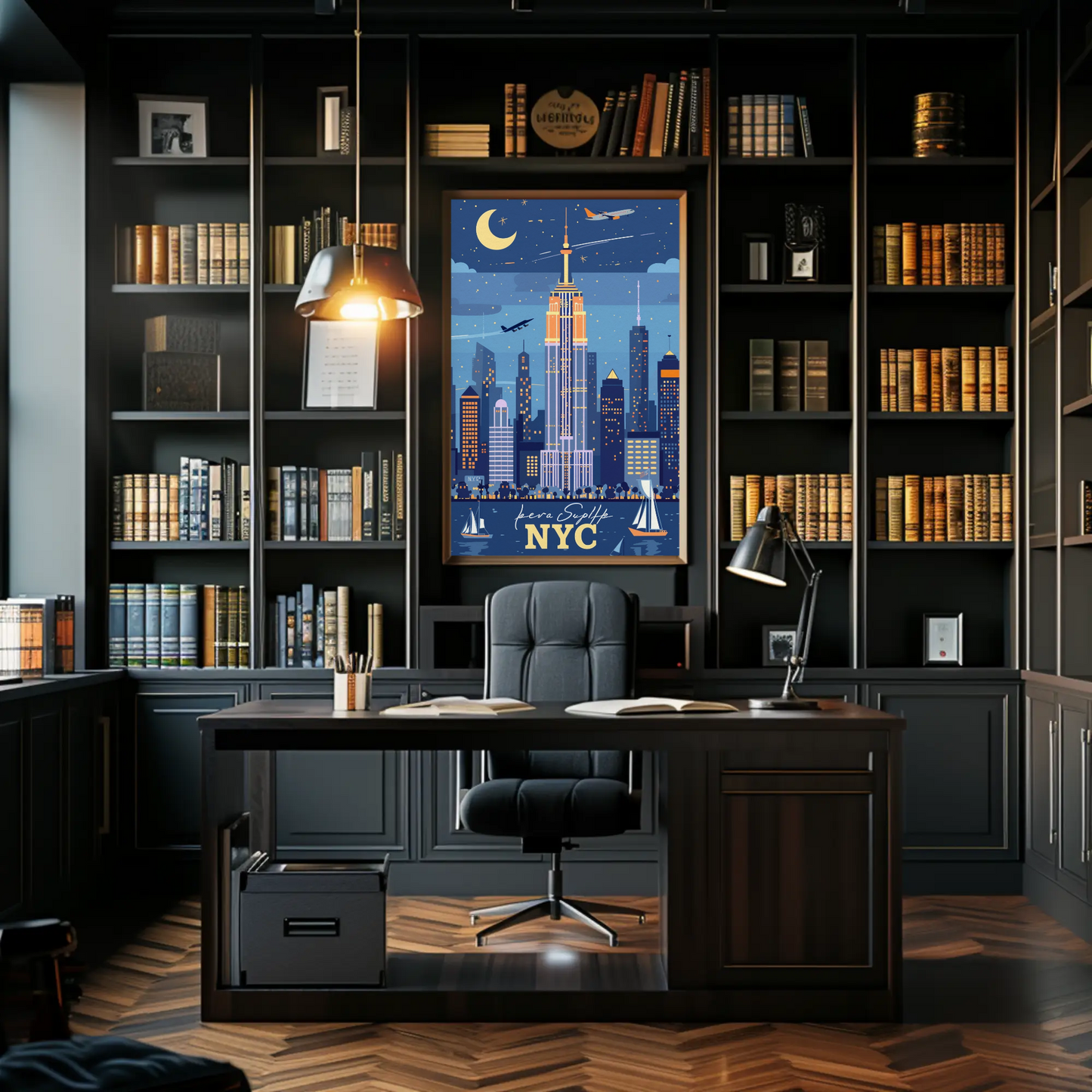 New York City Skyline at Night Vintage Poster