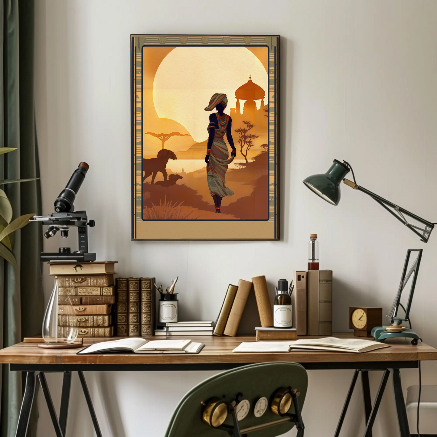 African Woman Wildlife Sunset Silhouette Travel Poster