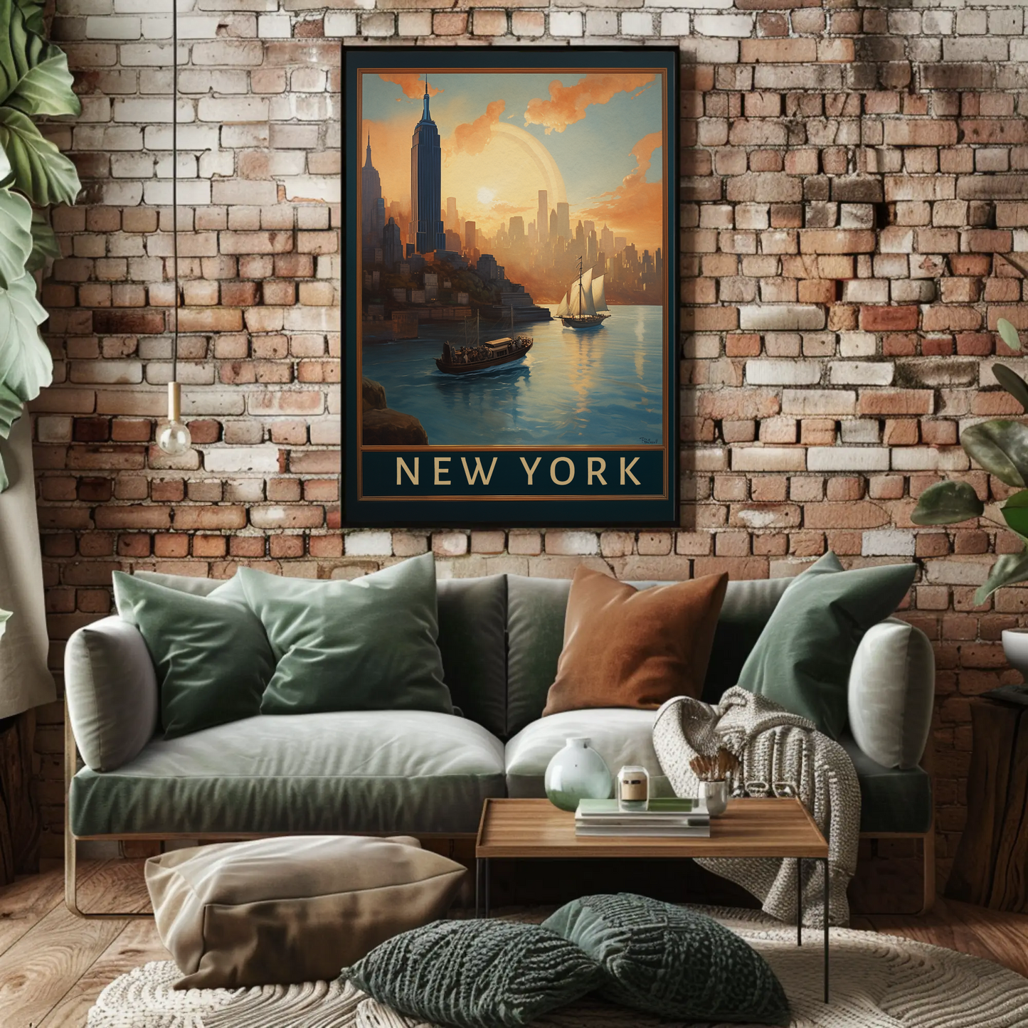 New York Harbor Sunset Vintage Travel Poster