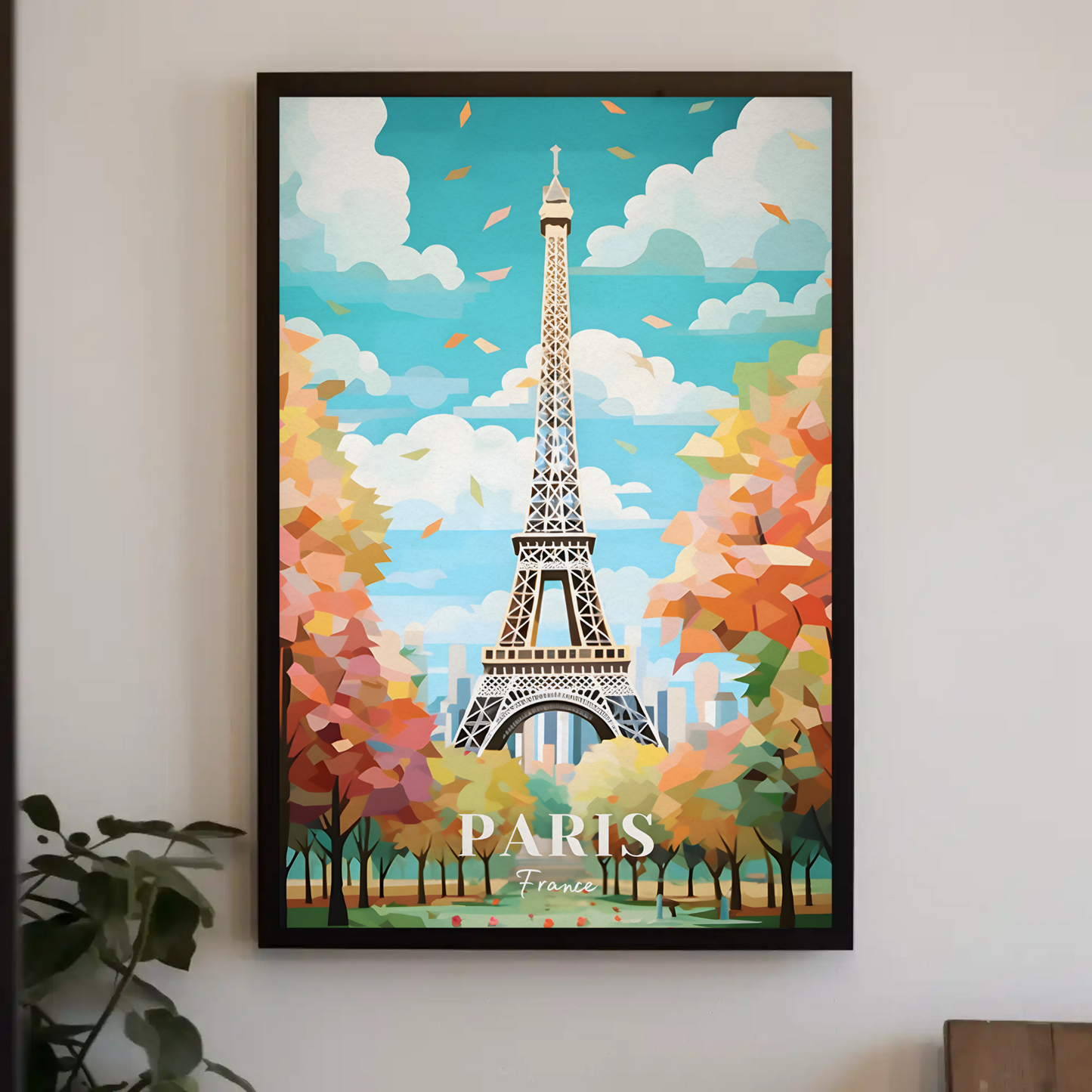 Paris France Eiffel Tower Autumn Leaves Vintage Travel Poster
