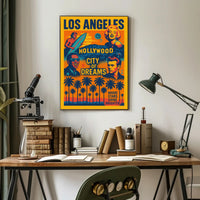 The poster is a vibrant tribute to Los Angeles, specifically highlighting Hollywood as Travel Poster