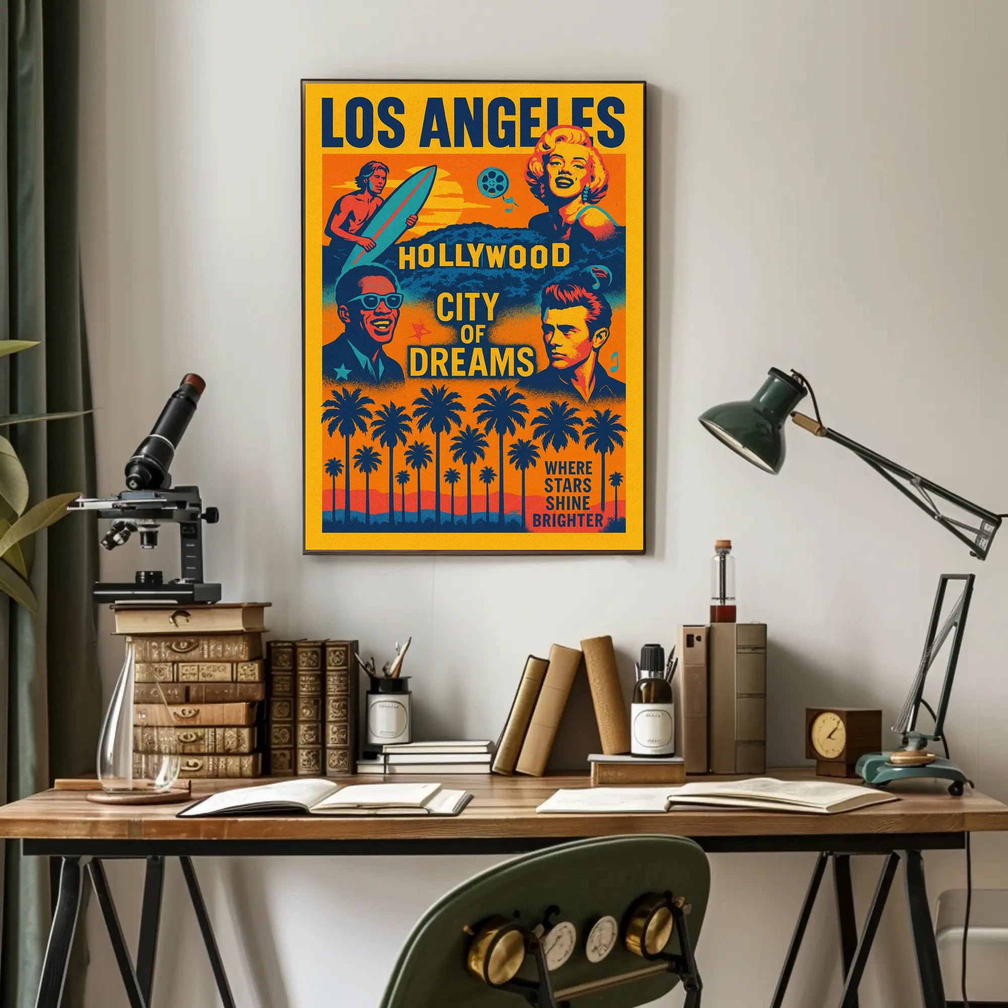 The poster is a vibrant tribute to Los Angeles, specifically highlighting Hollywood as Travel Poster