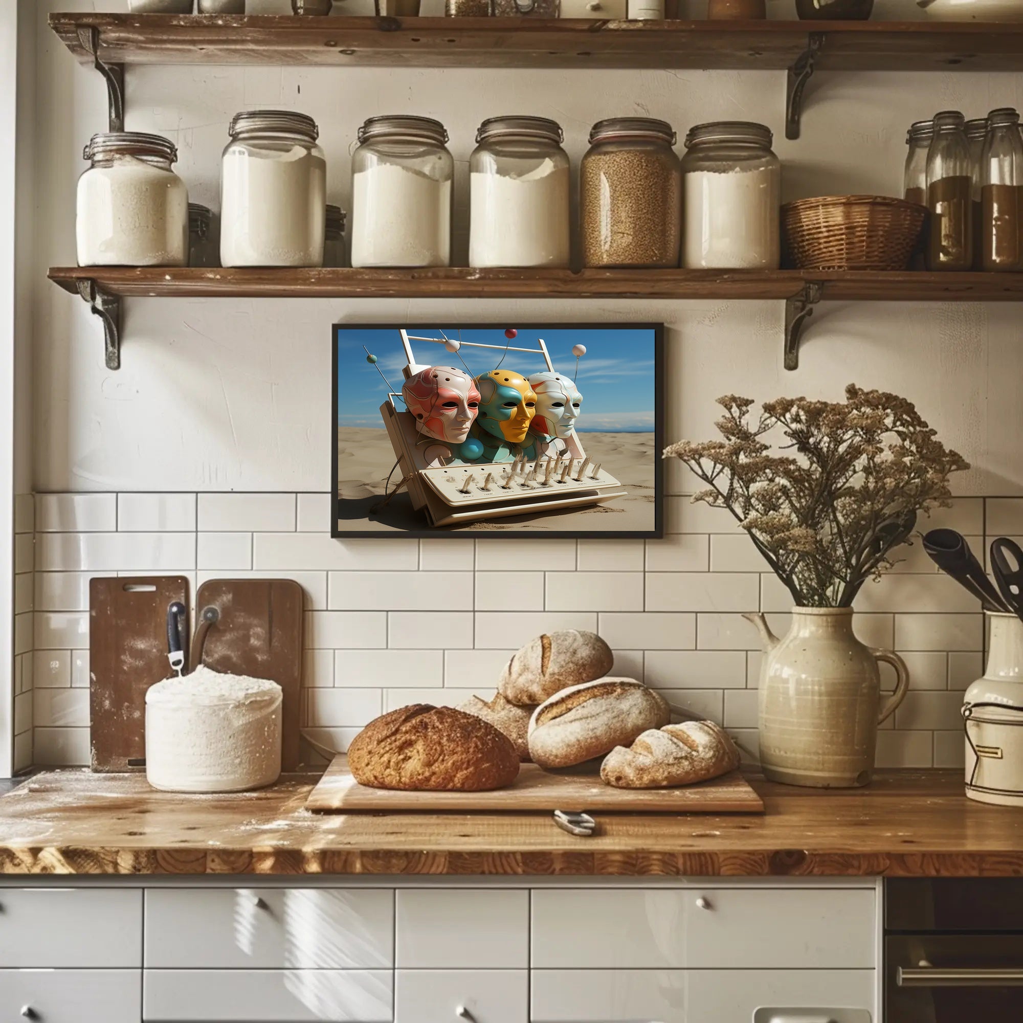 Futuristic Masks in Surreal Desert Sci-Fi Poster