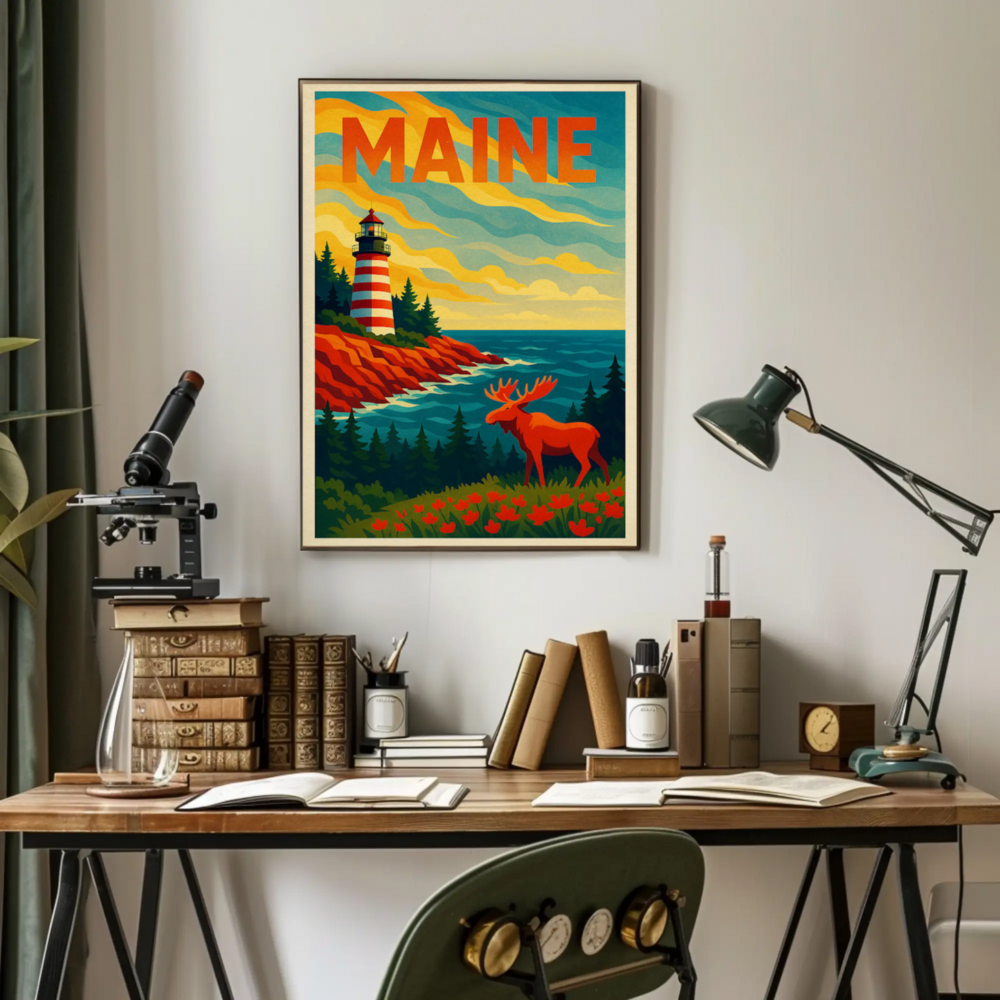 Maine Lighthouse Moose Forest Coastal View Poster