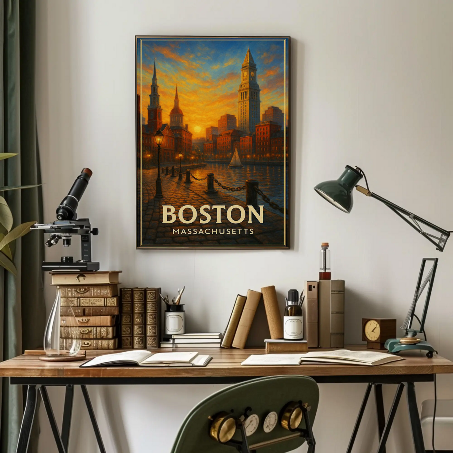 Boston Massachusetts Sunset Harbor Cityscape Travel Poster