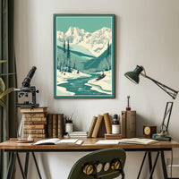 Winter Serenity: Majestic Snow-Covered Mountains and Tranquil River Poster