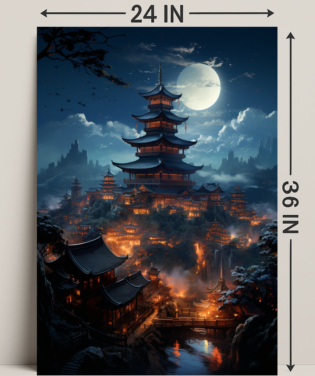 Moonlit Pagoda Village Poster