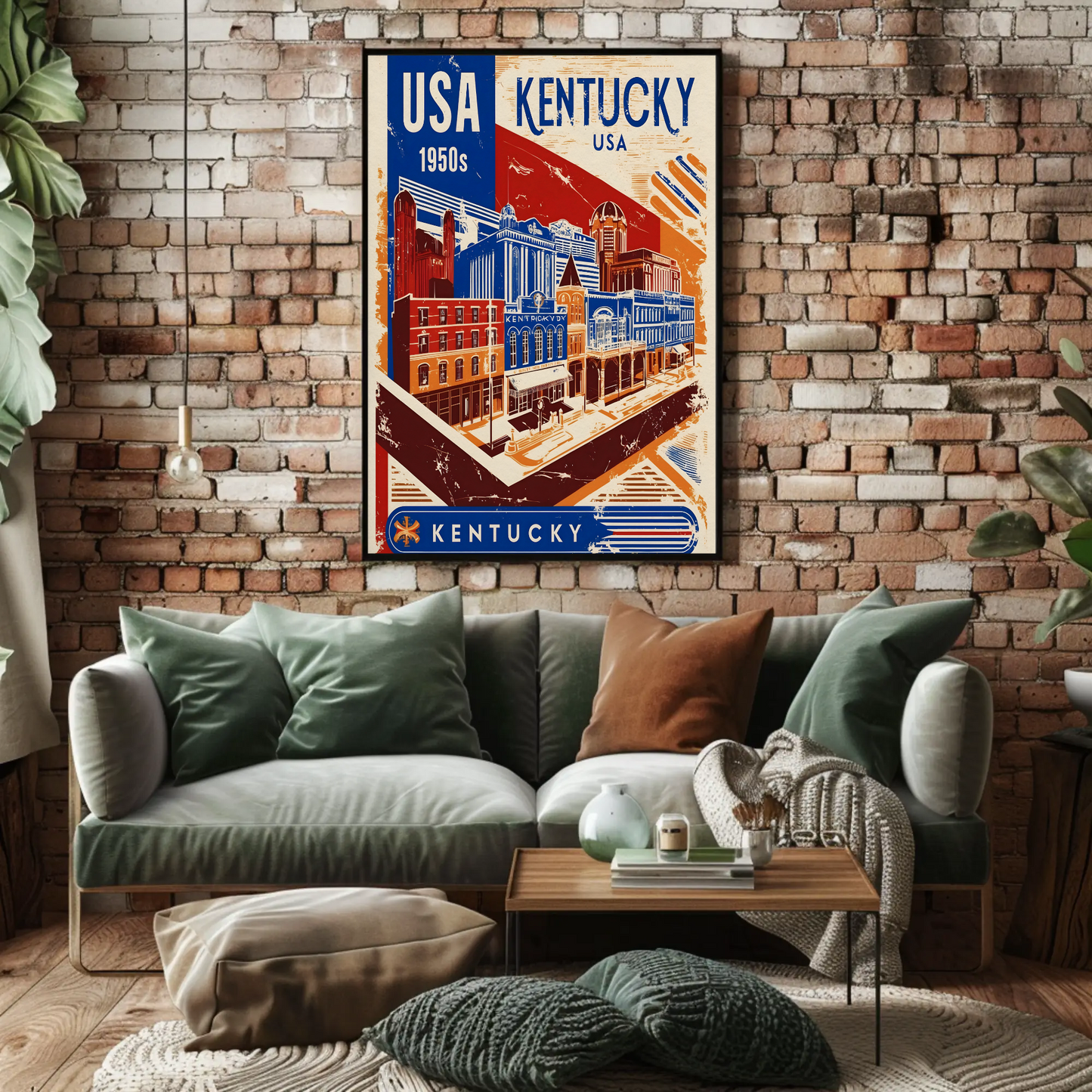 Kentucky USA 1950s Downtown Streets Vintage Maroon Travel Poster