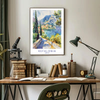 Kefalonia Coastal Village Watercolor Travel Poster PosterGoat