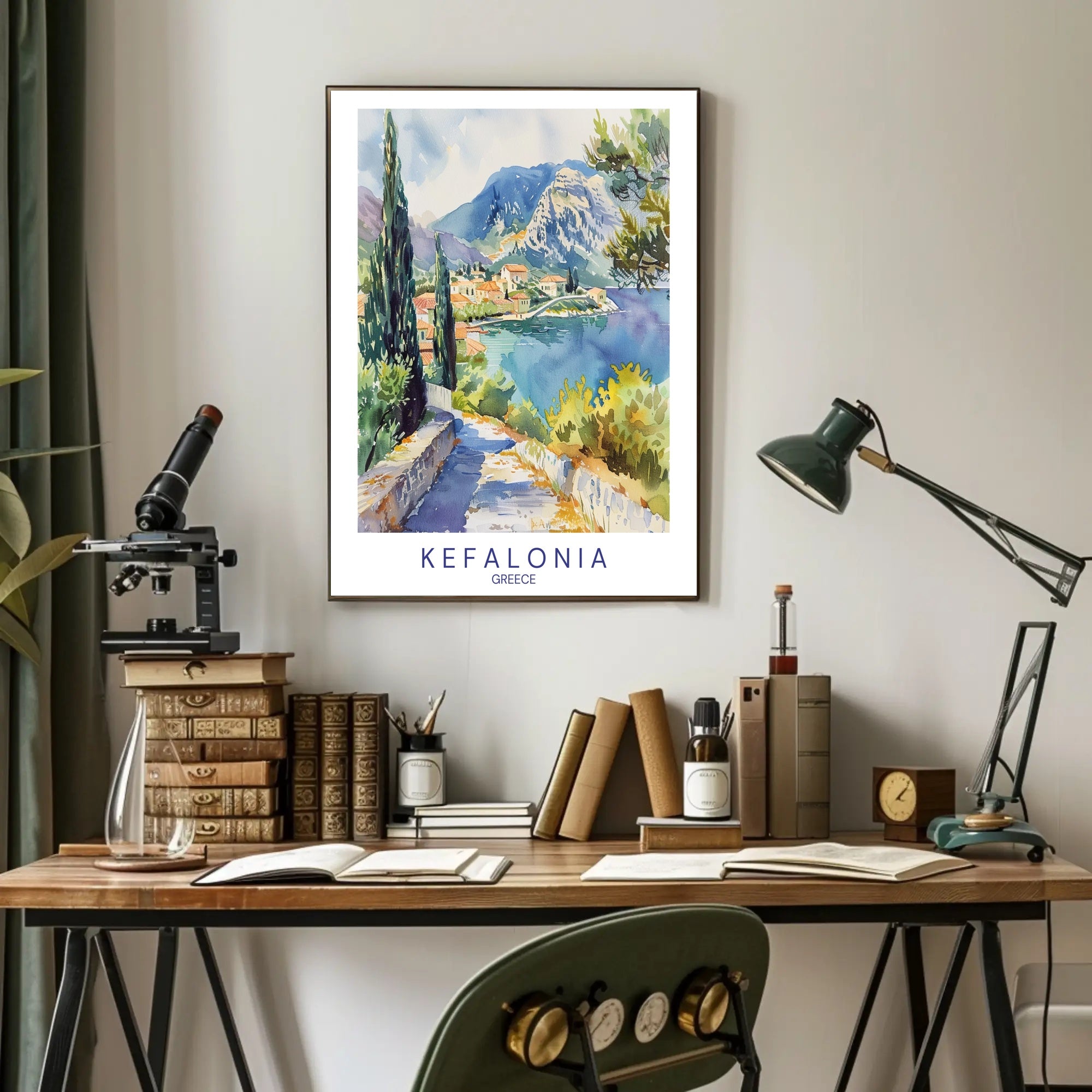 Kefalonia Coastal Village Watercolor Travel Poster PosterGoat