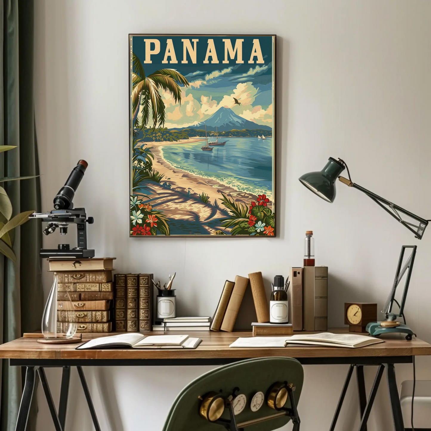 Panama Beach Volcano Sailboats Paradise Travel Poster