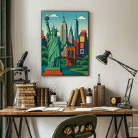 New York City Skyline Liberty Poster Retro Wall Art