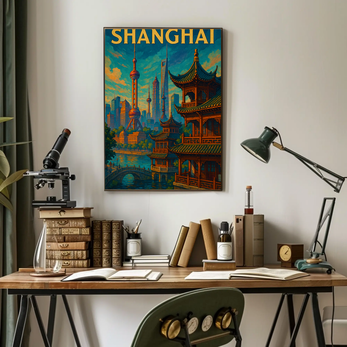 Shanghai Skyline River Pagoda Travel Poster