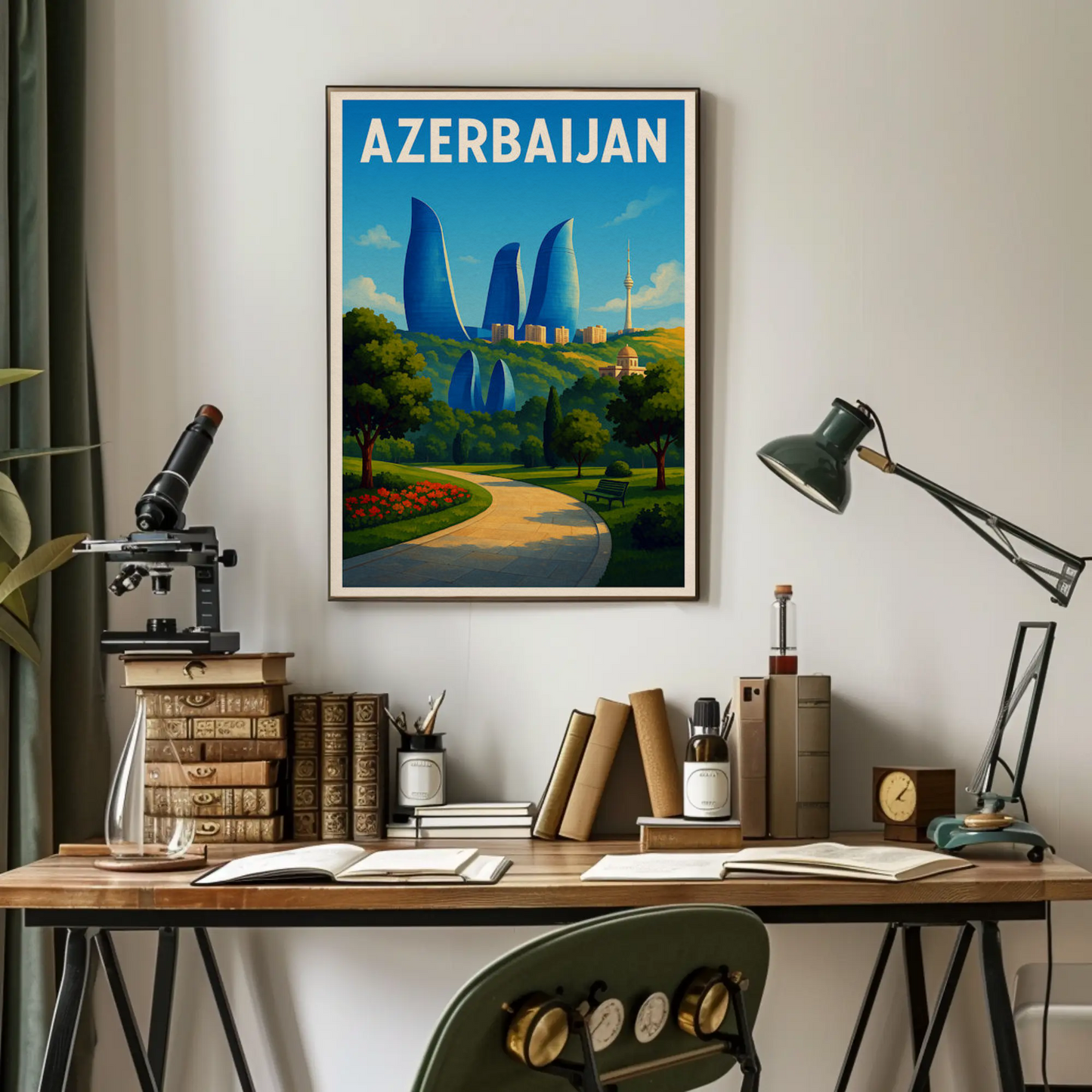Azerbaijan Baku Flame Towers Park Path Travel Poster