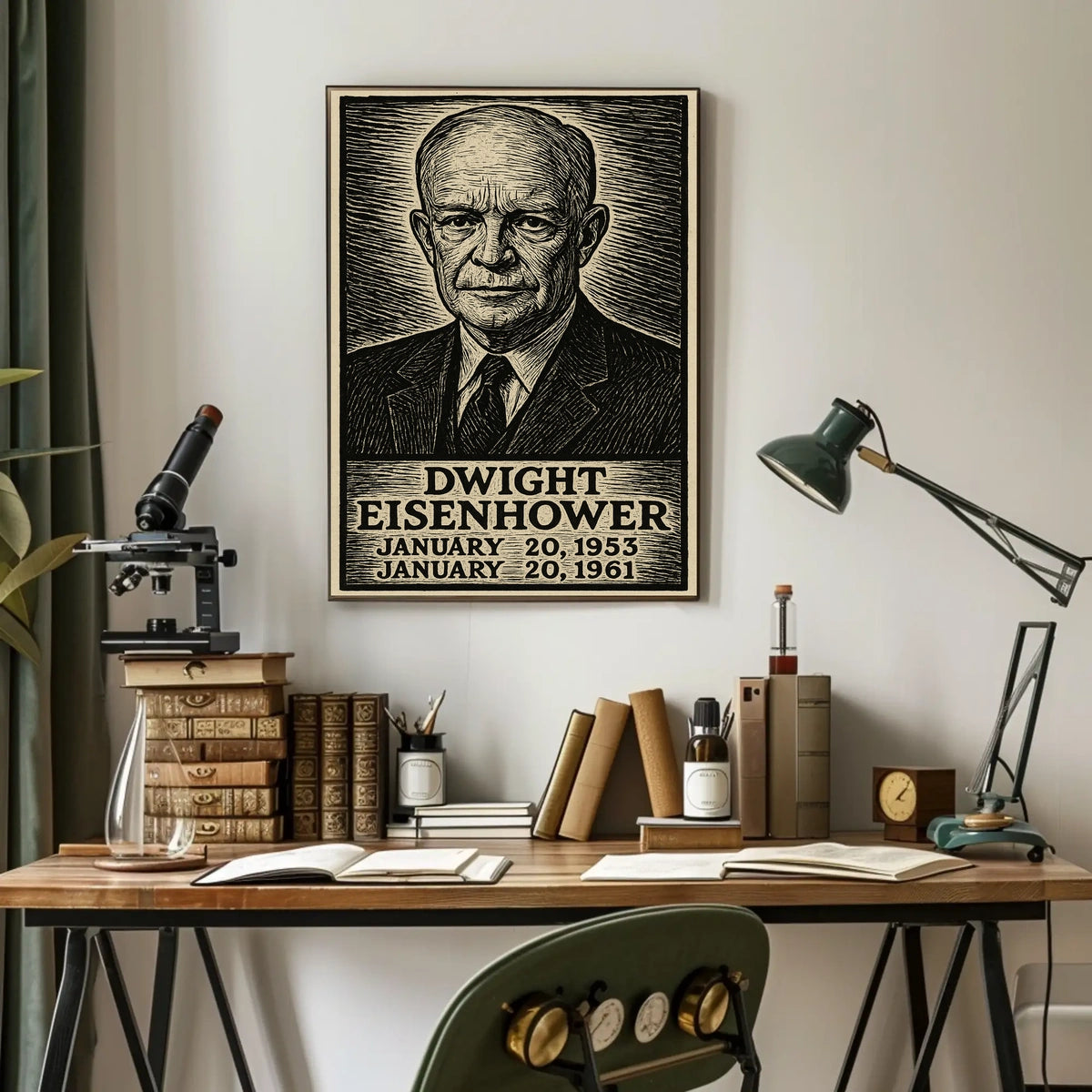 Dwight Eisenhower Vintage Etching Portrait Patriotism Leadership Legacy Heritage Home Decor Distinctive Poster
