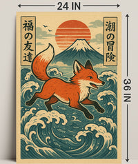 Fox Adventure in Japanese Waves Poster PosterGoat