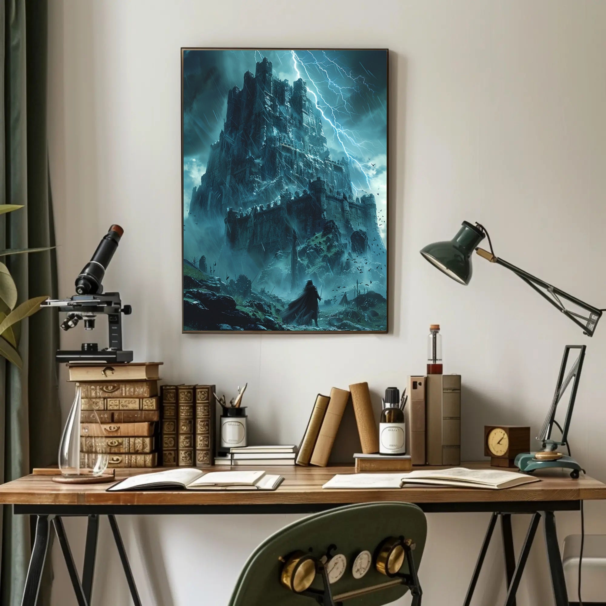 Ominous Fortress under Stormy Skies: Fantasy or Mythology Poster PosterGoat