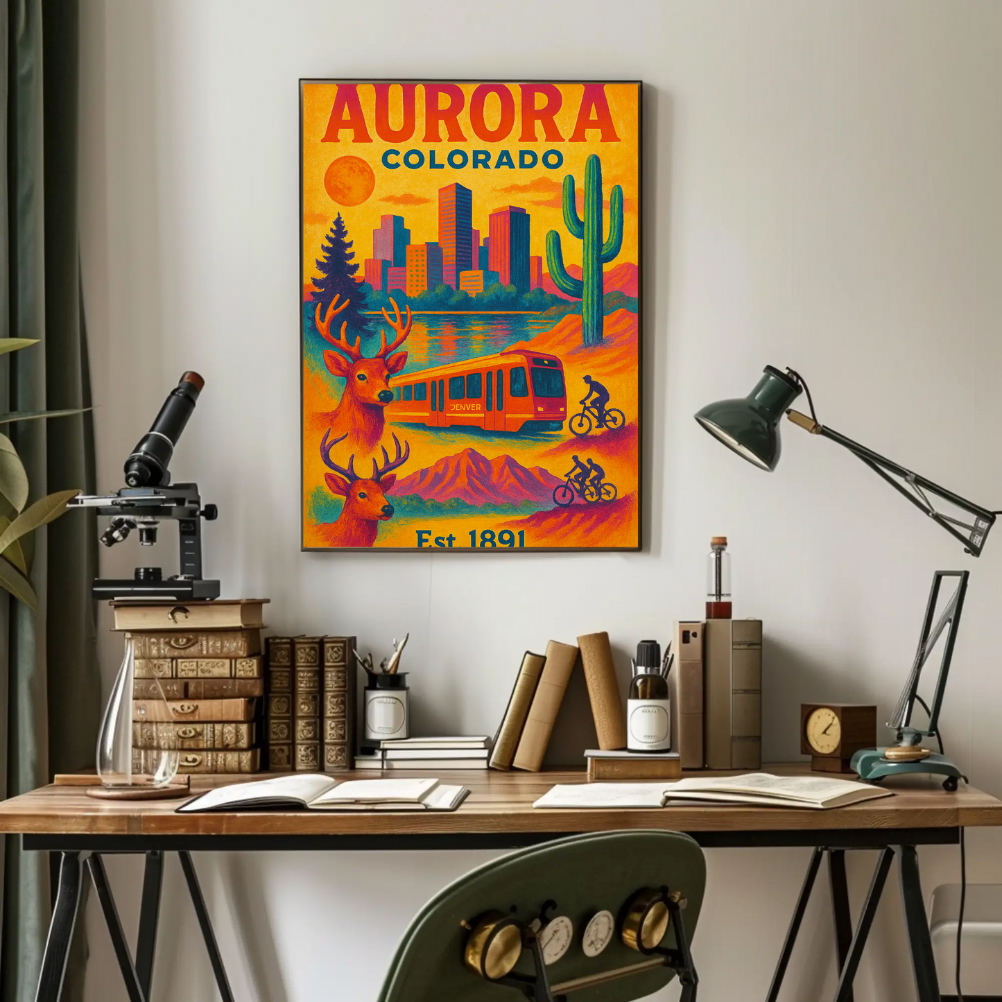 Aurora Colorado Mountains City Train Wildlife Cactus Travel Poster