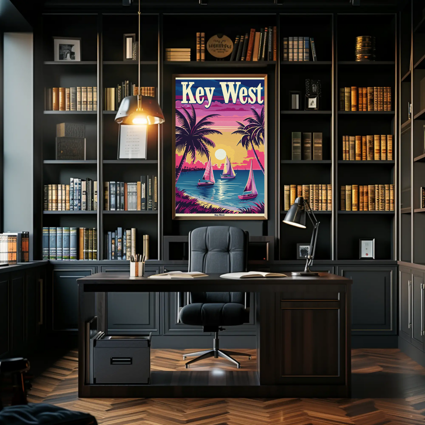 Key West Sailboats at Sunset Vintage Style Poster