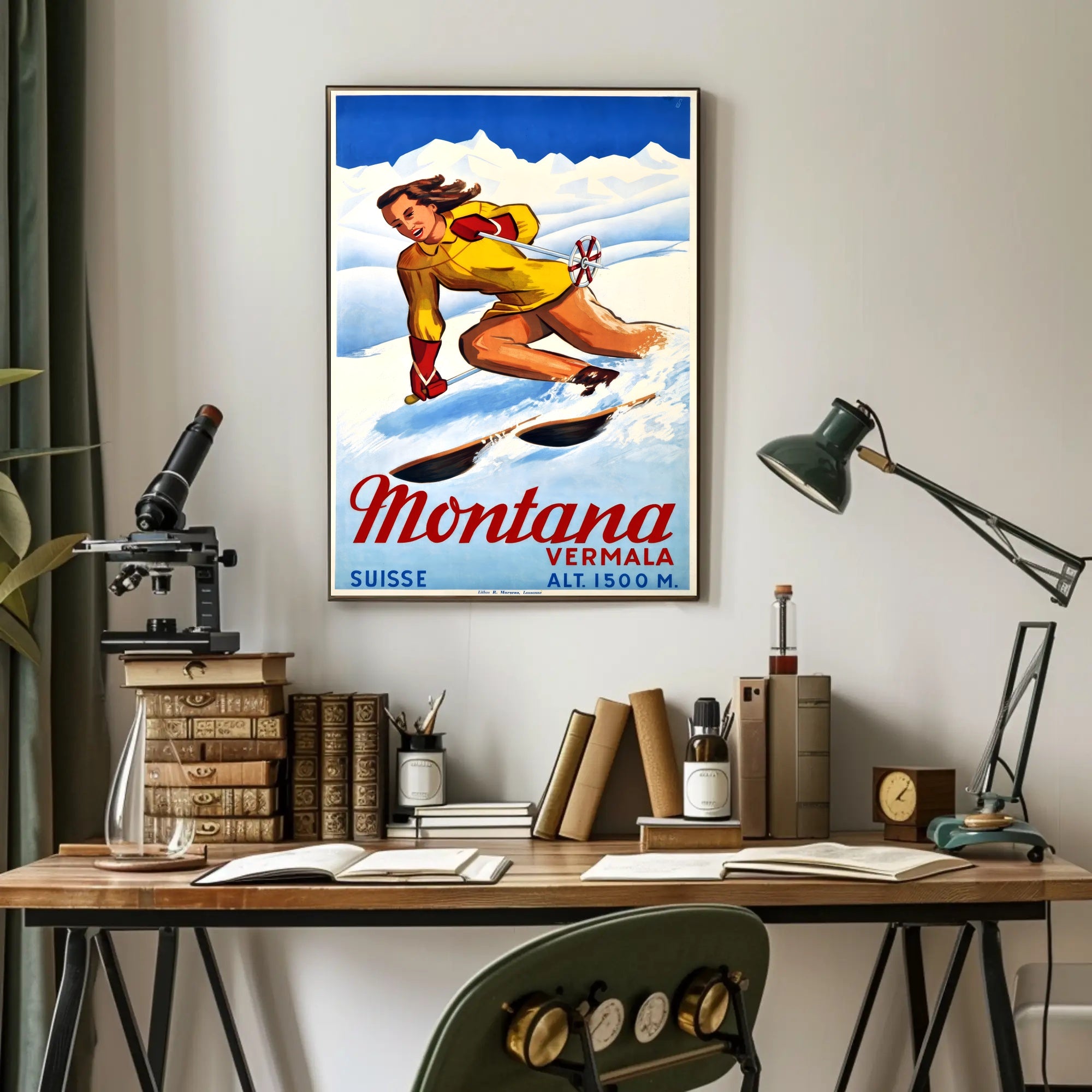 Skiing in Montana, Switzerland Poster PosterGoat