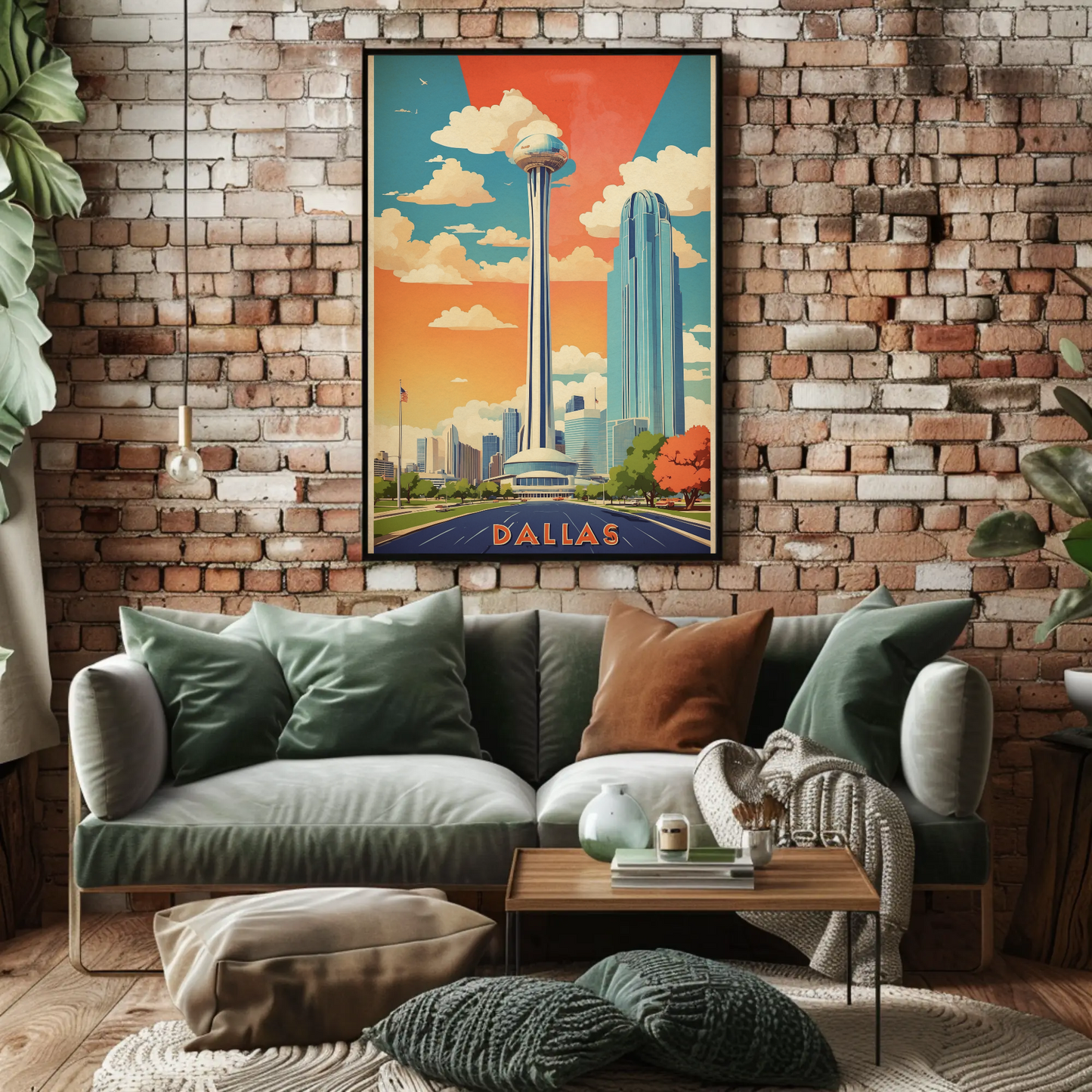 Dallas Texas Skyline Reunion Tower Vintage Travel Poster
