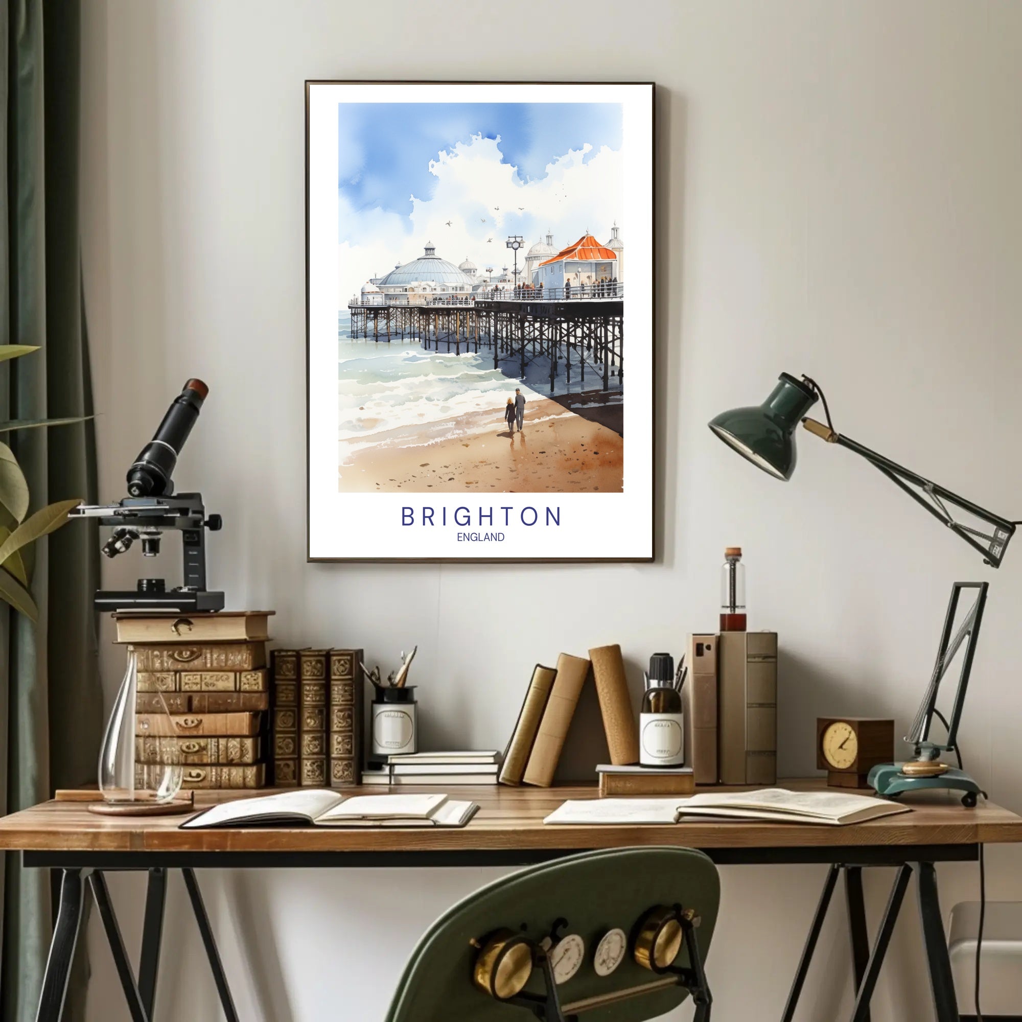 Brighton seaside watercolor travel poster - serene, nostalgic charm PosterGoat