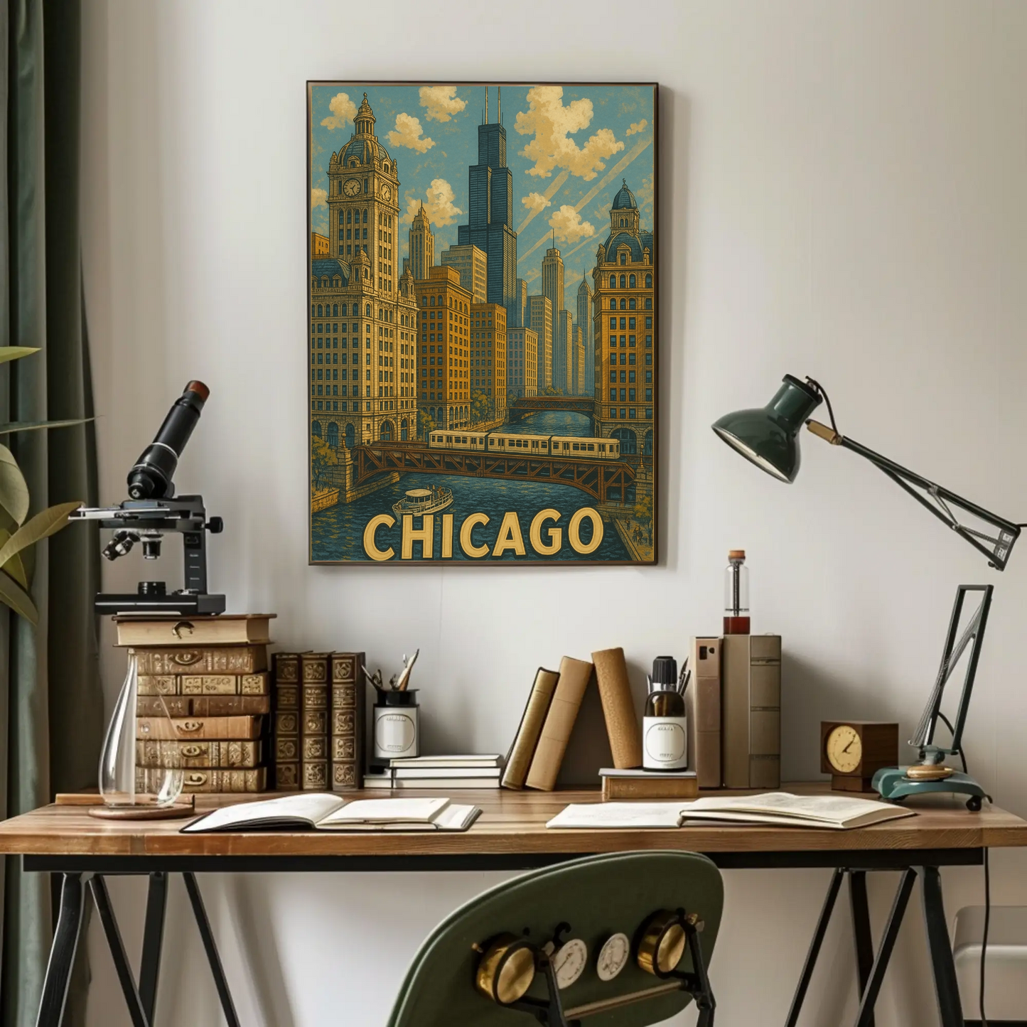 Chicago River Bridge Willis Tower Urban Travel Poster
