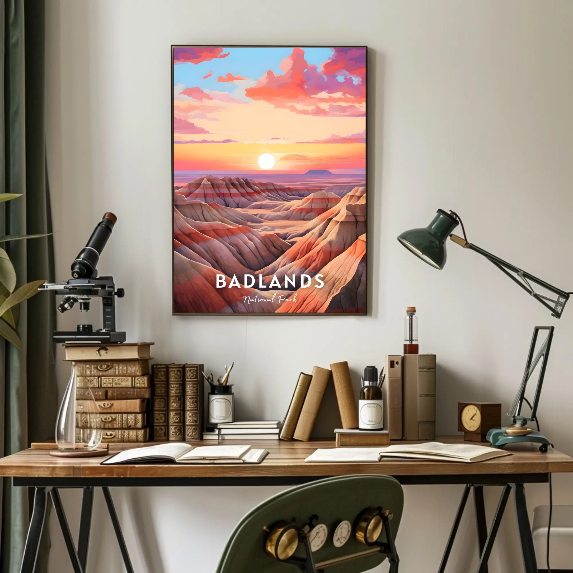 Badlands Sunset at Dusk: National Park Poster