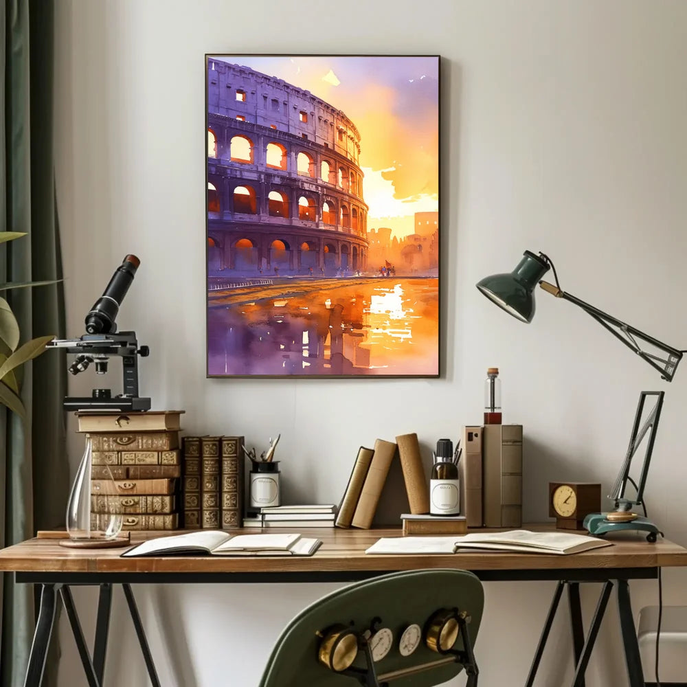 Colosseum Watercolor Sunset Rome Art Poster