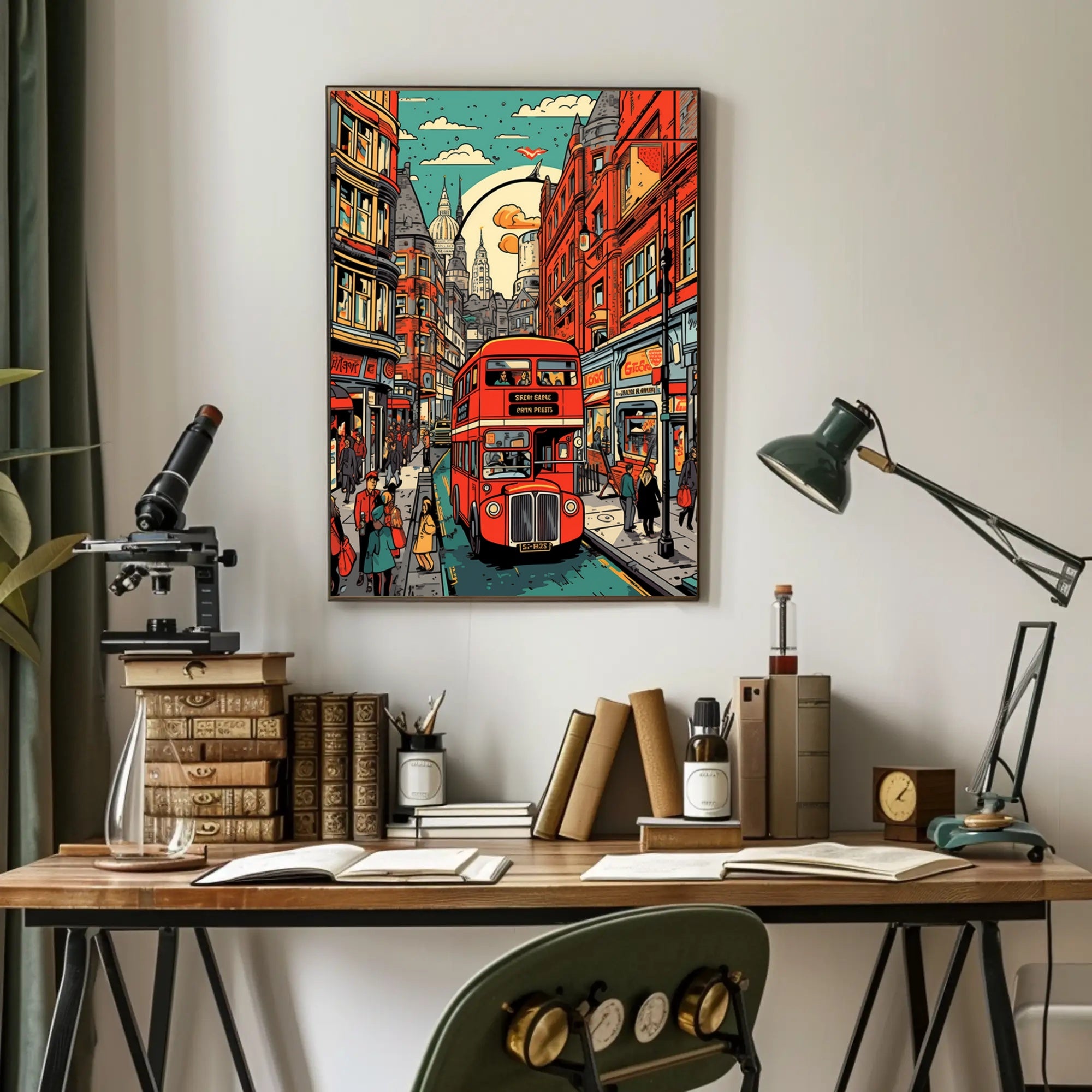 Vibrant Cityscape with Red Bus Poster