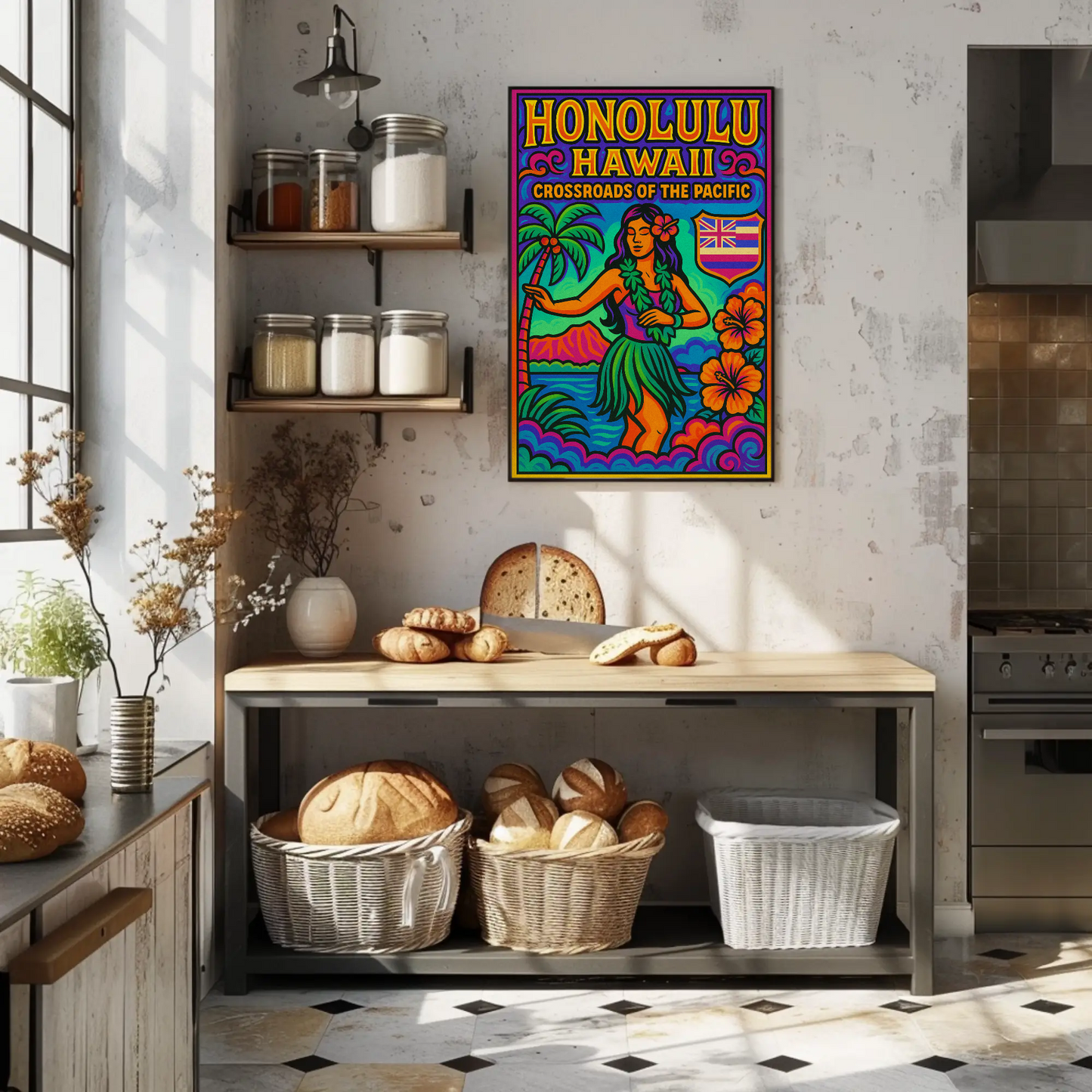 Honolulu Hawaii Pacific Vibrant Dancer Ocean Travel Poster