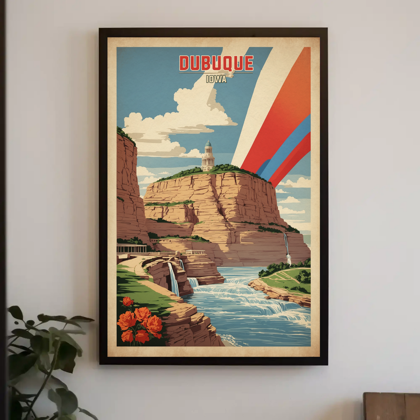 Dubuque Iowa Canyon River Tower Vintage Travel Poster