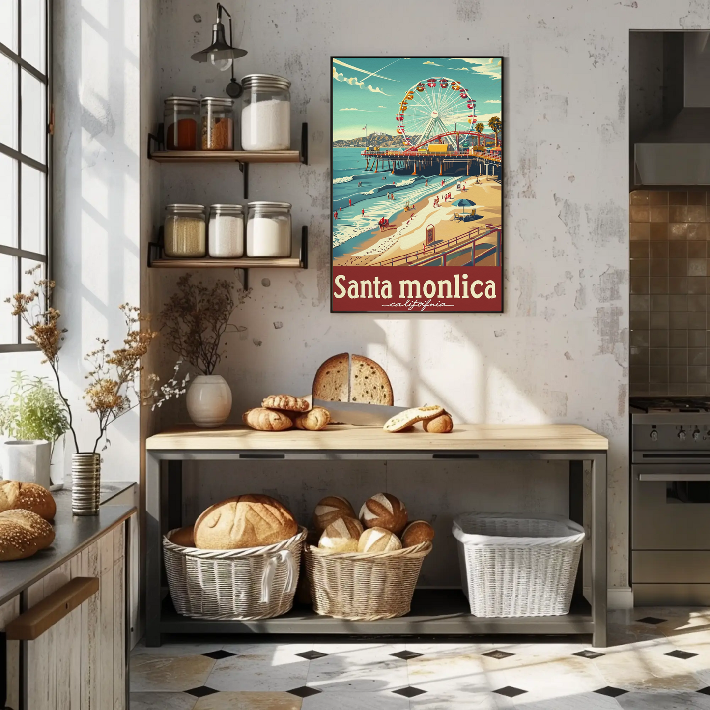 Santa Monica California Ferris Wheel Oceanfront View Travel Poster