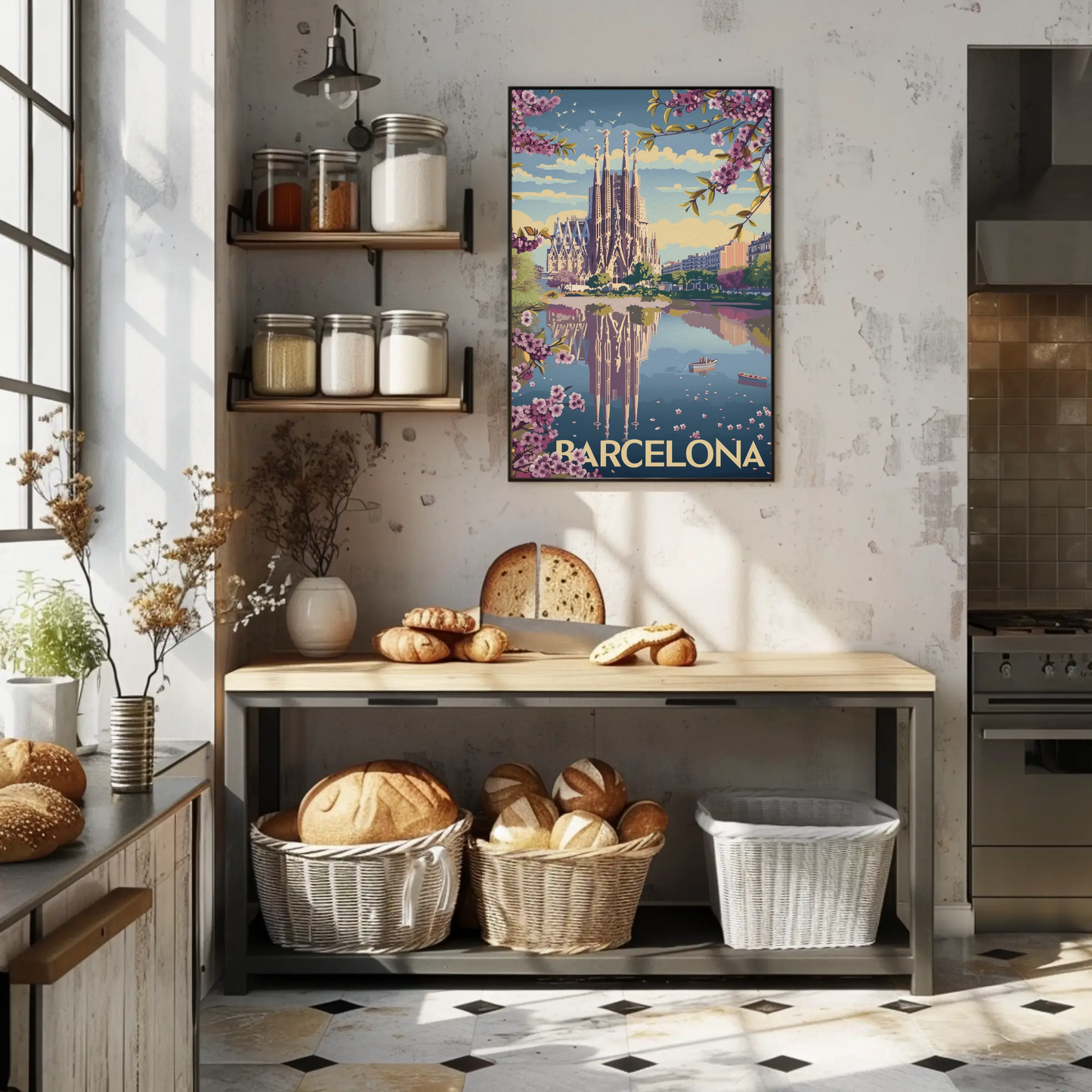Barcelona Spain Blossoms and Cathedral Travel Poster