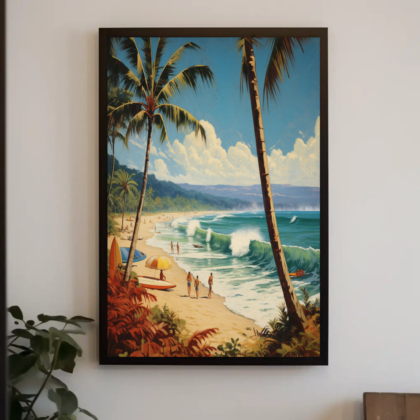 Tropical Surf Beach Day Palm Trees Vintage Travel Poster