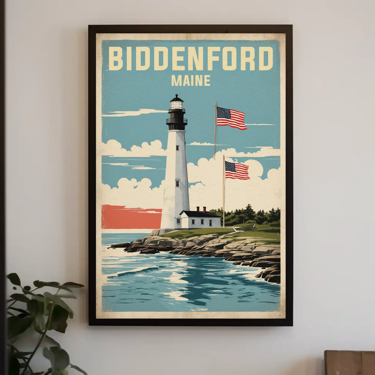 Biddeford Maine Seaside Lighthouse Vintage Travel Poster