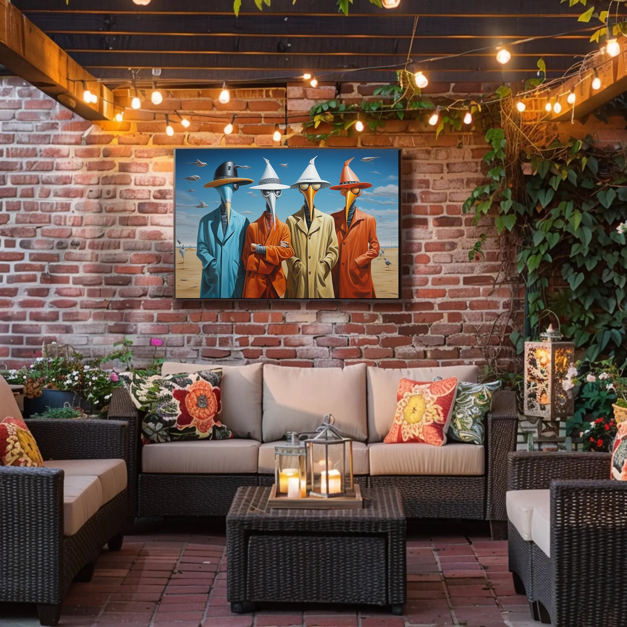 Surreal Characters in Elongated Beak Masks: Artistic Poster