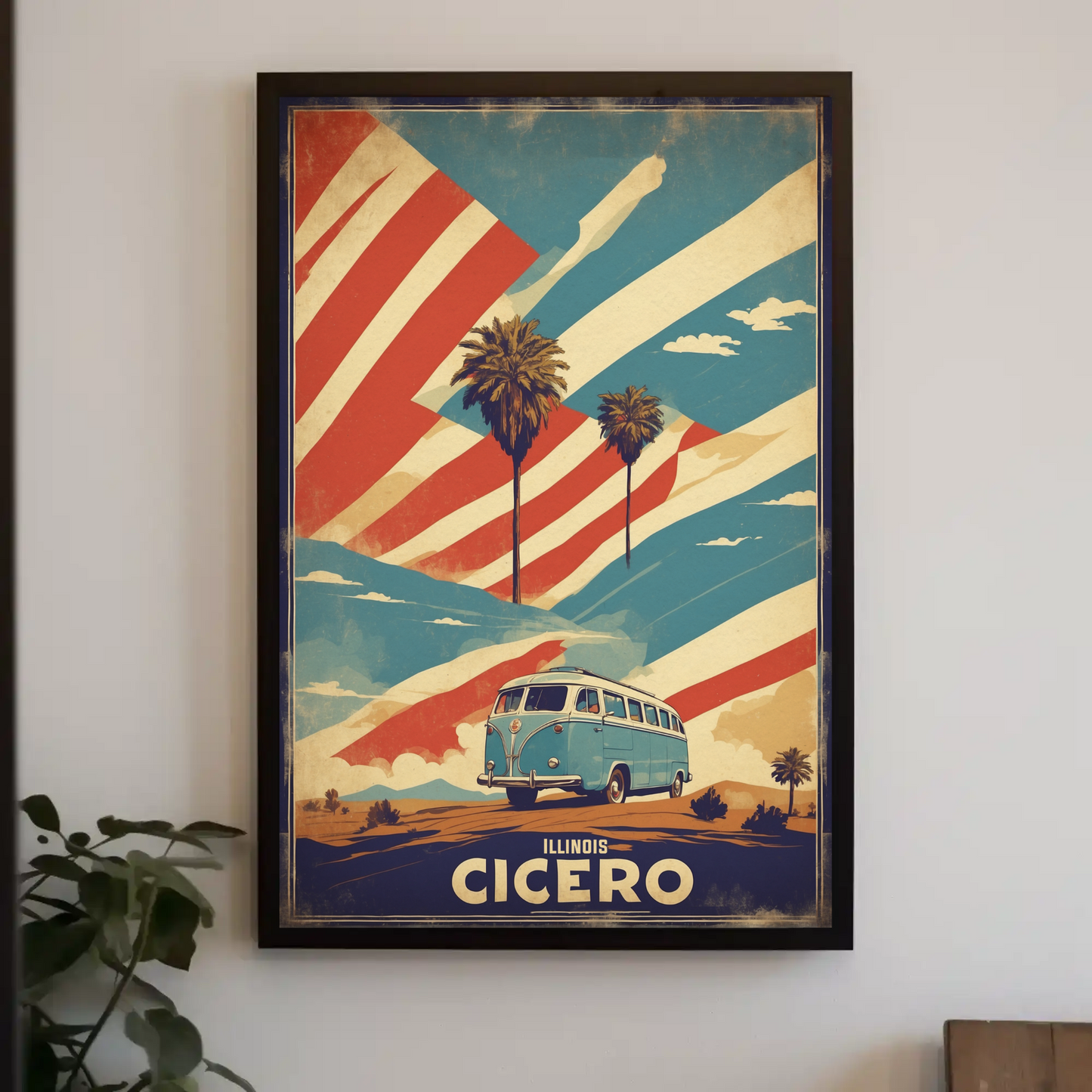 Cicero Illinois Palm Trees American Van Vintage Travel Poster