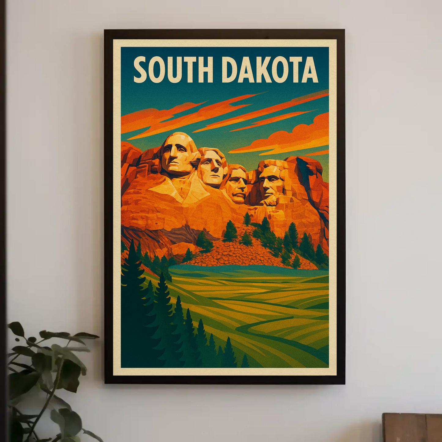 Mount Rushmore Sunset Field South Dakota Vintage Travel Poster